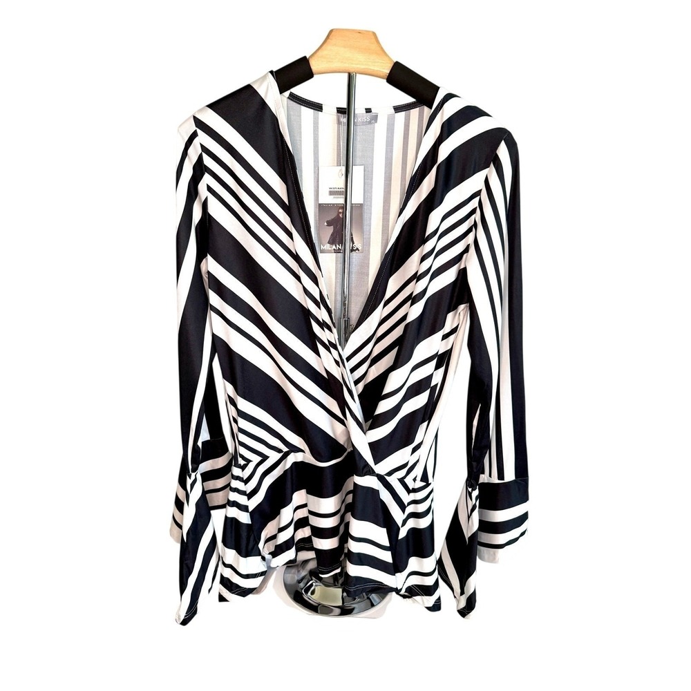 Milan Kiss Womens XL Black White Striped Wrap Top Career Chic Professional Retro
